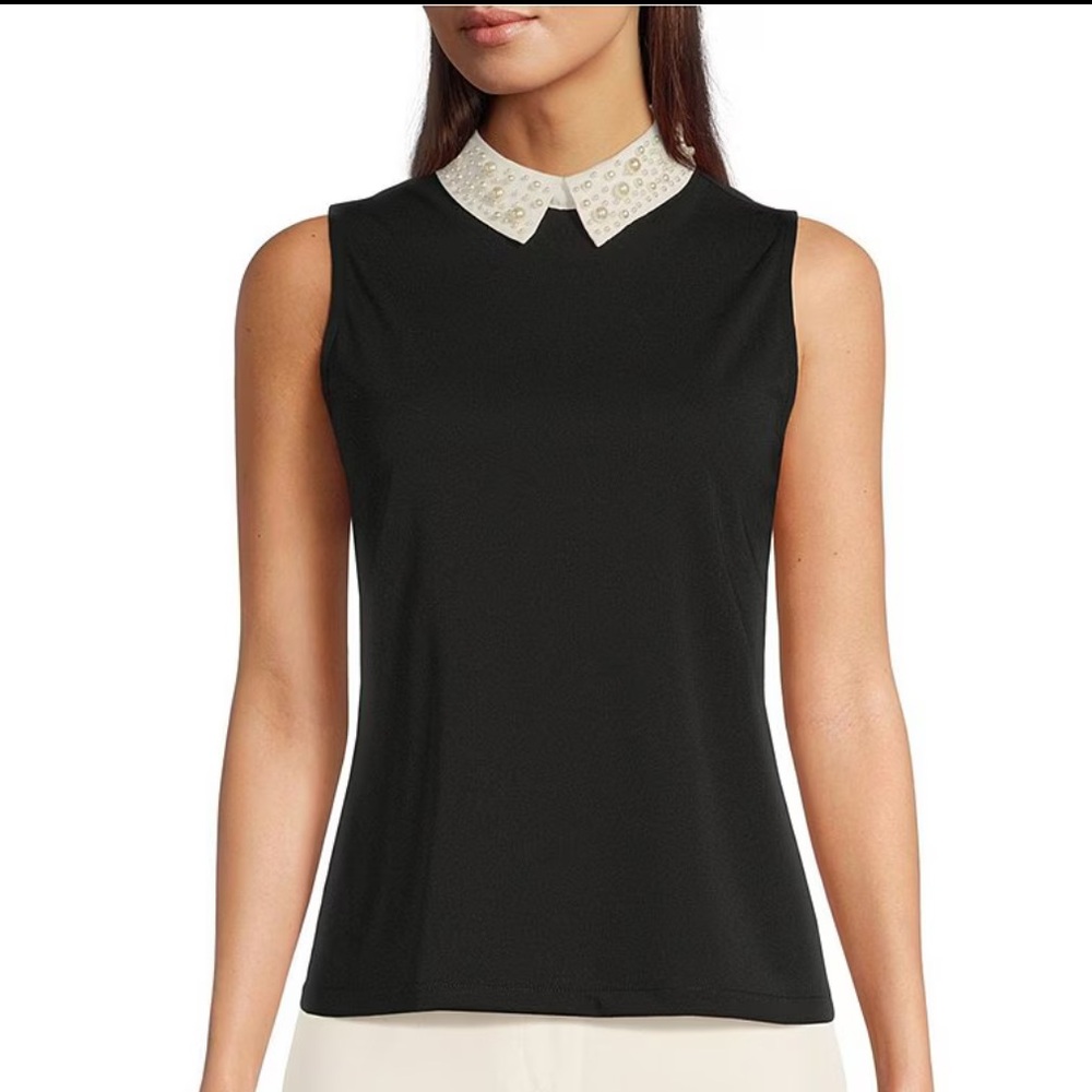 KARL LAGERFELD PARIS Knit Matte Jersey Pearl Collar Sleeveless Top